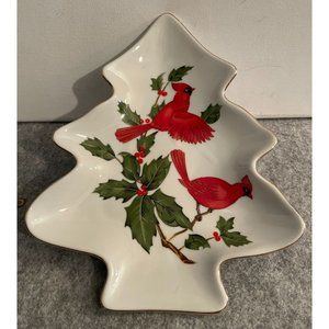 Vintage 1984 Lefton Christmas Tree Shaped Plate with Cardinals   #1131